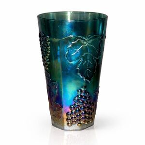 Vintage Carnival Glass Tumbler – Iridescent Blue Grape & Vine Design